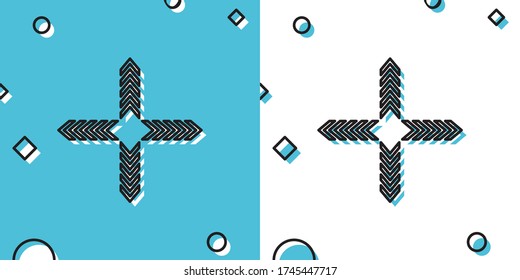 Icono de Flechas negras en cuatro direcciones aisladas en fondo azul y blanco. Formas dinámicas aleatorias. Ilustración vectorial