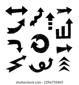 Black Arrows Grunge Set. Hand drawn collection of various directions pointers. Isolated vector illustration with scribbles silhouettes.
