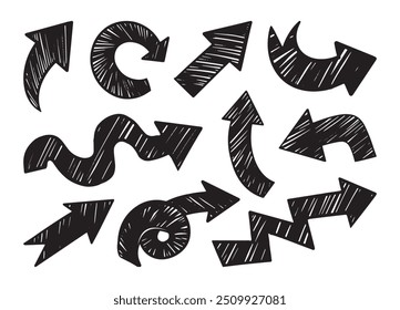 Flechas negras con texturas dibujadas a mano y varias direcciones en blanco. Vector ilustración de dibujos animados