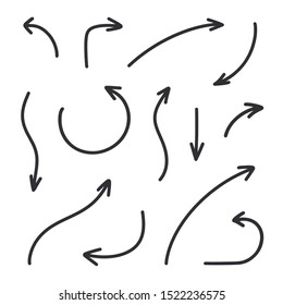 Black arrows. Hand drawn arrows. Vector arrows set. Hand drawn arrows set. Sketch doodle style. Collection of pointers. Navigation symbol. Pointers icons. Pointer. Direction of travel. Road signs