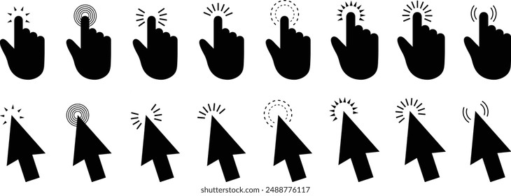 Black arrows and hands cursors symbol. Pointing hand clicks and clicking cursor art. Website arrows or hands cursors symbol vector illustration.