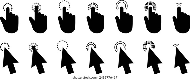 Schwarze Pfeile und Zeiger-Symbol. Zeige auf das Klicken der Hand und klicke auf den Cursor, die Pfeile der Website oder die Zeiger der Zeiger der Vektorillustration.