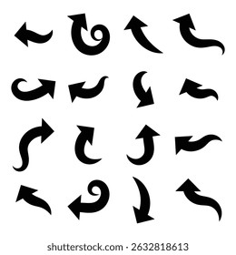 Black arrows icon set. Curved arrow sign. Arrow symbol. Curved arrow pointing. Black arrow vector illustration isolated on white background.
