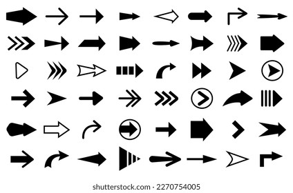 Black arrows icons, forward pointer graphic collection. Slim arrow, directionality sign isolated elements. Left right pointers, decent vector set