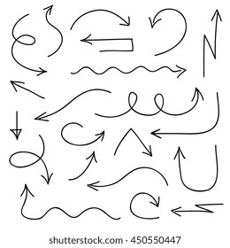 Black arrows icons in hand drawn style. Arrow sketch sign and set of hand drawn arrows. Vector illustration