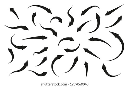 Black arrows icons set. Flat curved cursor sign. Navigation pointer. Infographic element. Simple graphic symbol up, left, right, down. Abstract full rotation or refresh. Isolated vector illustration