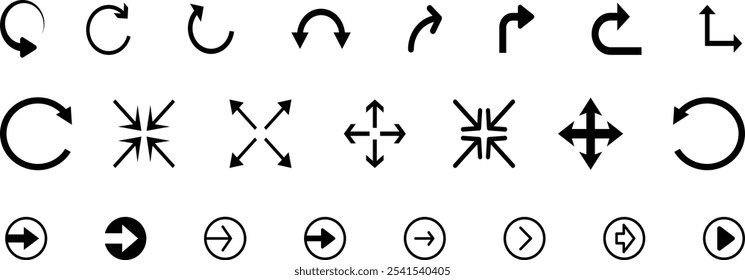 Black arrows icons. Arrows vector illustration collection. Arrow vector collection.  Arrow icons set. Collection of black arrow signs and direction pointers in different styles. Arrows symbols. 