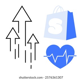 Black arrows indicate growth or progress a blue shopping bag signifies retail or e-commerce and a blue heart with a line shows health. Ideal for business development e-commerce healthcare success