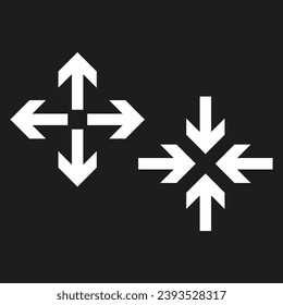 Black arrows inward outward. Pointer arrow icon. Line emblem. Navigation pointer. Vector illustration.