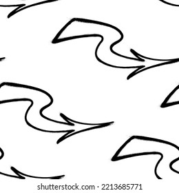 Black arrows made from spray paint on white background. Vector seamless pattern