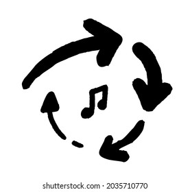 Black arrows with music note in vector. Isolated on the white background