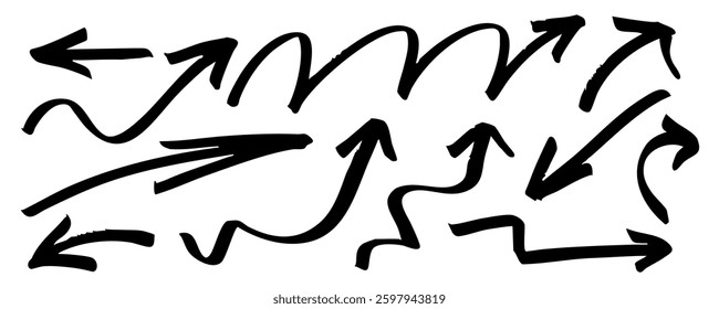 Black arrows on white background. Collection of hand drawn arrows sketched on paper, grungy, textured and freestyle. Vector set, arrows direction left, right, down, up, process, and loading. 