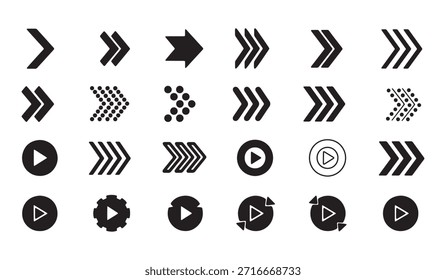 Conjunto de flechas negras y Botones de juego. Símbolos de navegación e iconos de reproductor multimedia.