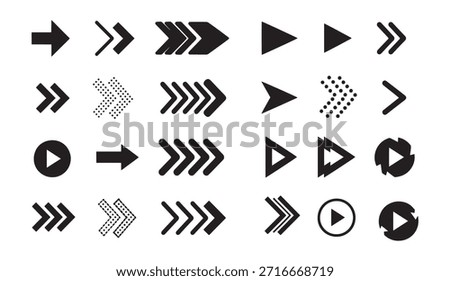 Black arrows and play signs set pointing right for web design and graphic elements vector collection