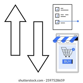 Black arrows point up and down. Checklist with blue checkmarks. Smartphone depicts shopping cart and buy button. Ideal for ecommerce, online shopping, digital marketing, mobile apps, user experience