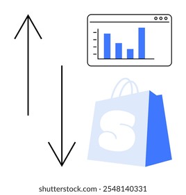 Las flechas negras apuntan hacia arriba y hacia abajo junto a un gráfico de barras azules en una ventana de Sitio web y una bolsa de compras azul. Ideal para negocios, comercio electrónico, análisis de mercado, compras en línea y tendencias de crecimiento. Moderno