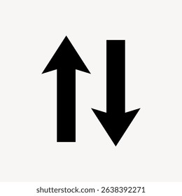 Black arrows pointing up and down on a white background. Up arrow and down arrow in simple design. Arrows in opposite directions, black and white contrast. Arrow vector graphic.
