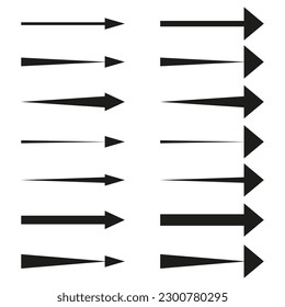 Black arrows pointing right. Arrow shape element set. Vector illustration.