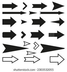 Black arrows pointing right. Arrow shape element set. Vector illustration.