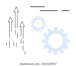 Setas pretas apontando para cima, engrenagens azuis claras e linhas horizontais sugerem progresso, mecânica e crescimento. Ideal para o progresso de negócios, avanço tecnológico, conceitos de engenharia, mecânica