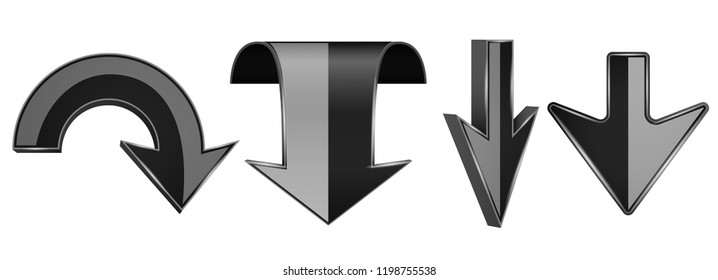 Black arrows set. 3d web DOWN icons. Vector illustration isolated on white background