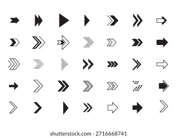 Black arrows set. Collection arrow shapes. Direction pointers and next buttons.
