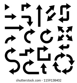 Black arrows set. Collection of bold web icons. Traffic or indication signs. Vector illustration isolated on white background