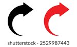 Black arrows set. Curved arrows. Arrow sign. Curved arrow pointing right. Black and red arrow.