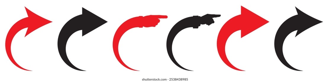 Black arrows set. Curved arrow direction sign icon. Hand pointing right signs.