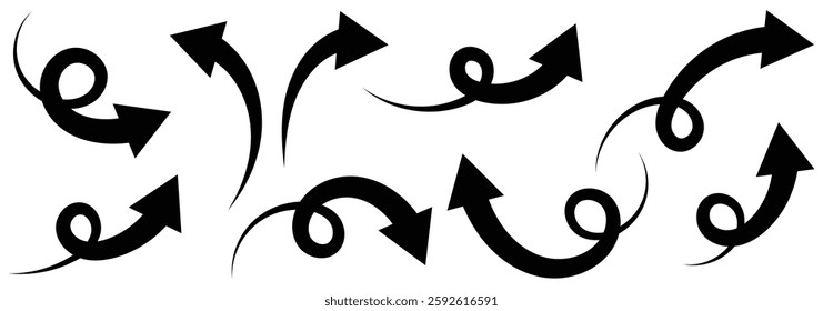 Black arrows set. Curved arrows. arrow icon for your web site design, logo, app, UI. arrow indicated the direction symbol. Hand drawn curvy wavy line arrows set. vector illustrator on white background