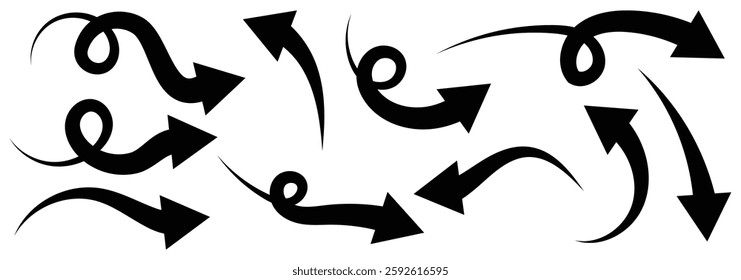 Black arrows set. Curved arrows. arrow icon for your web site design, logo, app, UI. arrow indicated the direction symbol. Hand drawn curvy wavy line arrows set. vector illustrator on white background