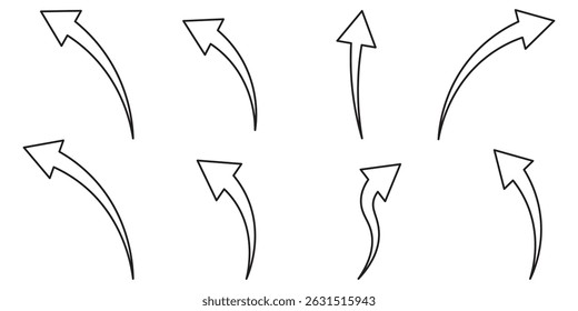Black arrows set. Curved arrows. Arrow sign. Flat style icons. Hand drawn thin line arrows set. White background up direction arrow. vector illustration.