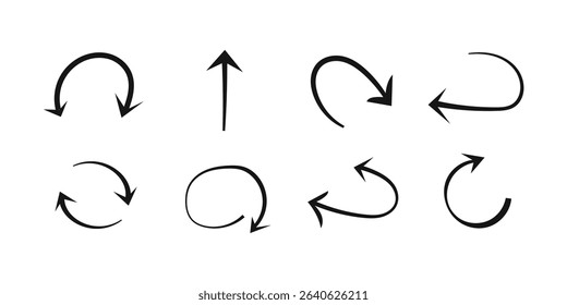 Black arrows set. Curved arrows. Arrow sign. Flat style icons.