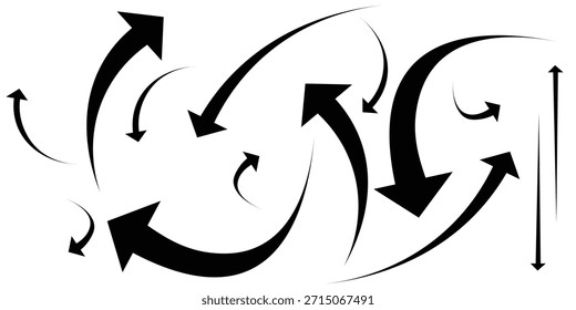 Setas pretas definidas. Setas curvas. Ícone de seta ondulada preta esculpida isolada no fundo branco. Ilustrador de vetor 