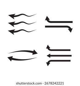 Setas pretas definidas. Conjunto de diferentes setas mostrando o fluxo de ar do vento isolado no fundo branco. Ícone de seta, conjunto de vetores. Ilustração vetorial.
