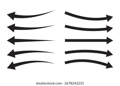 Schwarze Pfeile gesetzt. Satz von verschiedenen Pfeilen, die den Windluftstrom einzeln auf weißem Hintergrund zeigen. Pfeilsymbol, Vektorsatz. Vektorgrafik.
