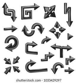 Black arrows. Set of different shiny web signs. Vector illustration isolated on white background
