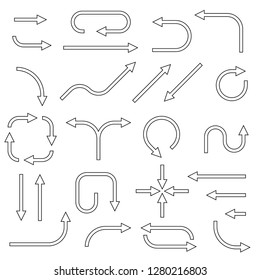 Black arrows. Set of flat outline icons. Vector illustration isolated on white backgound