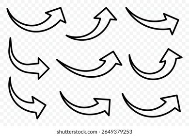 Setas pretas definidas. Setas curvas desenhadas à mão. Setas curvas. Ícones de estilo plano. Ilustração vetorial