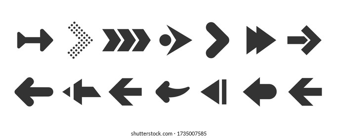 Black arrows set isolated on white background. UI and web design.