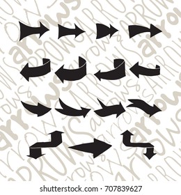 Black arrows set made by hand in vector. Sketch elements for your design. Isolated on the background and easy to use.  