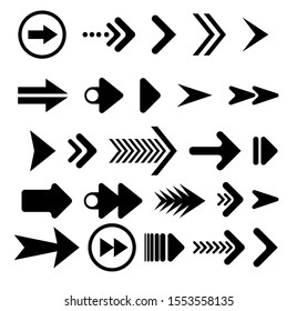 Black Arrows Set On White Background. Arrow, Cursor Icon. Vector Pointers Collection. Back, Next Web Page Sign, Swipe Up. 