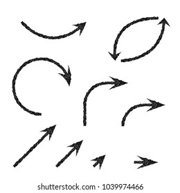 Black arrows set. Set of scratched crayon icons. Vector illustration isolated on white background