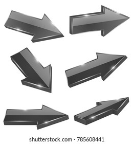 Black arrows set. Shiny straight 3d icons. Vector 3d illustration isolated on white background