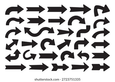 Black arrows set showing various directions and curves collection of bold pointer symbols for navigation signpost concept