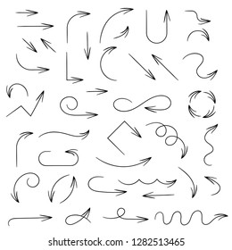 Black arrows. Set of thin filigree hand drawn icons. Vector illustration isolated on white background