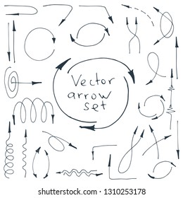 Black arrows. Set of thin filigree hand drawn icons. Vector illustration isolated on white background. Vector