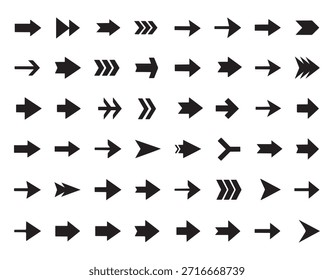 Black arrows set. Various arrow shapes. Direction pointers and next buttons.
