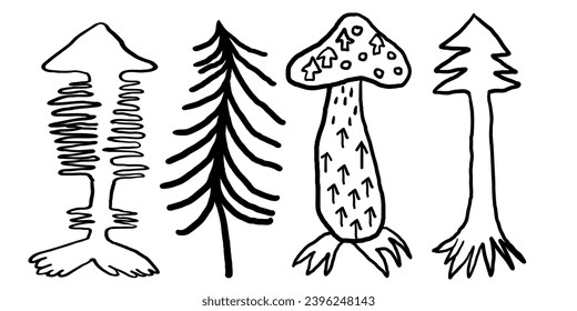 black arrows set in vector. pointer as tree mushroom hand snake in doodle style. graphics for application sites for open airs events