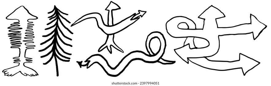 black arrows set in vector. pointer as tree mushroom hand snake in doodle style. graphics for application sites for open airs events